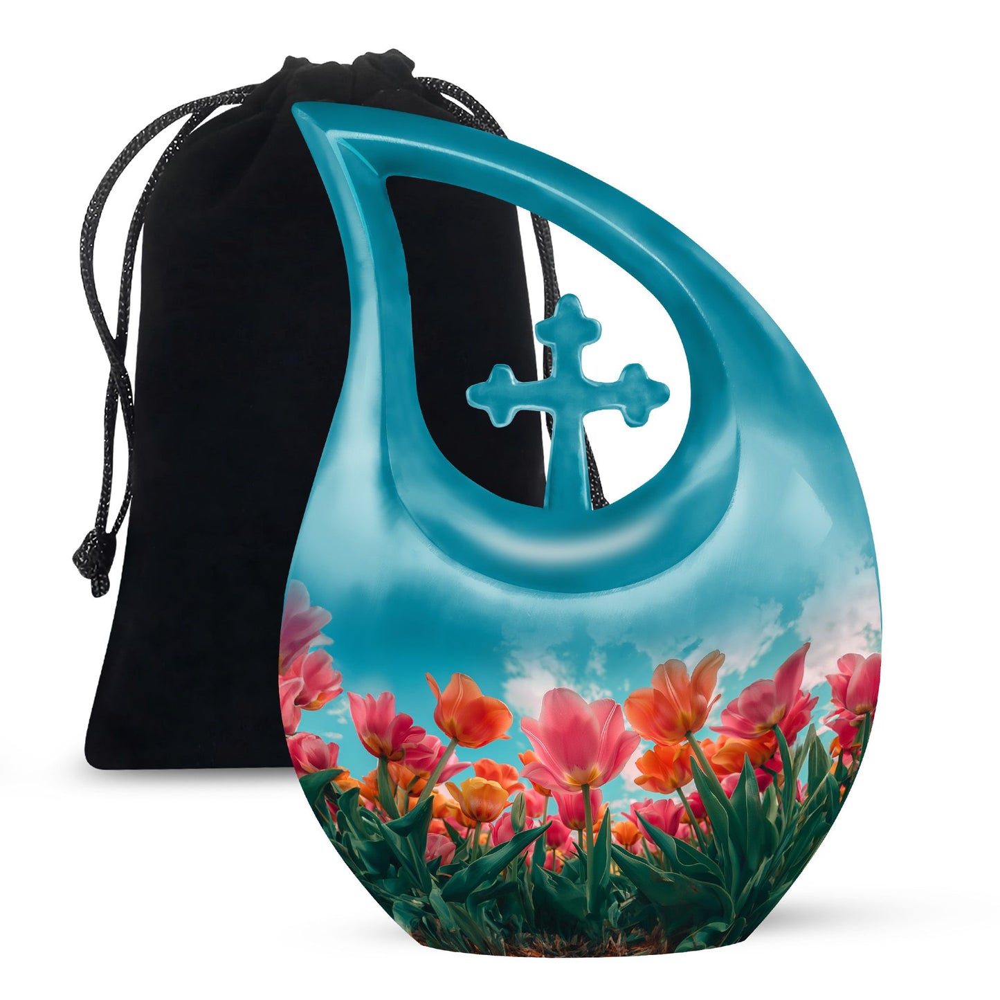 Medium-sized tulip-themed Cross Drop Urn
