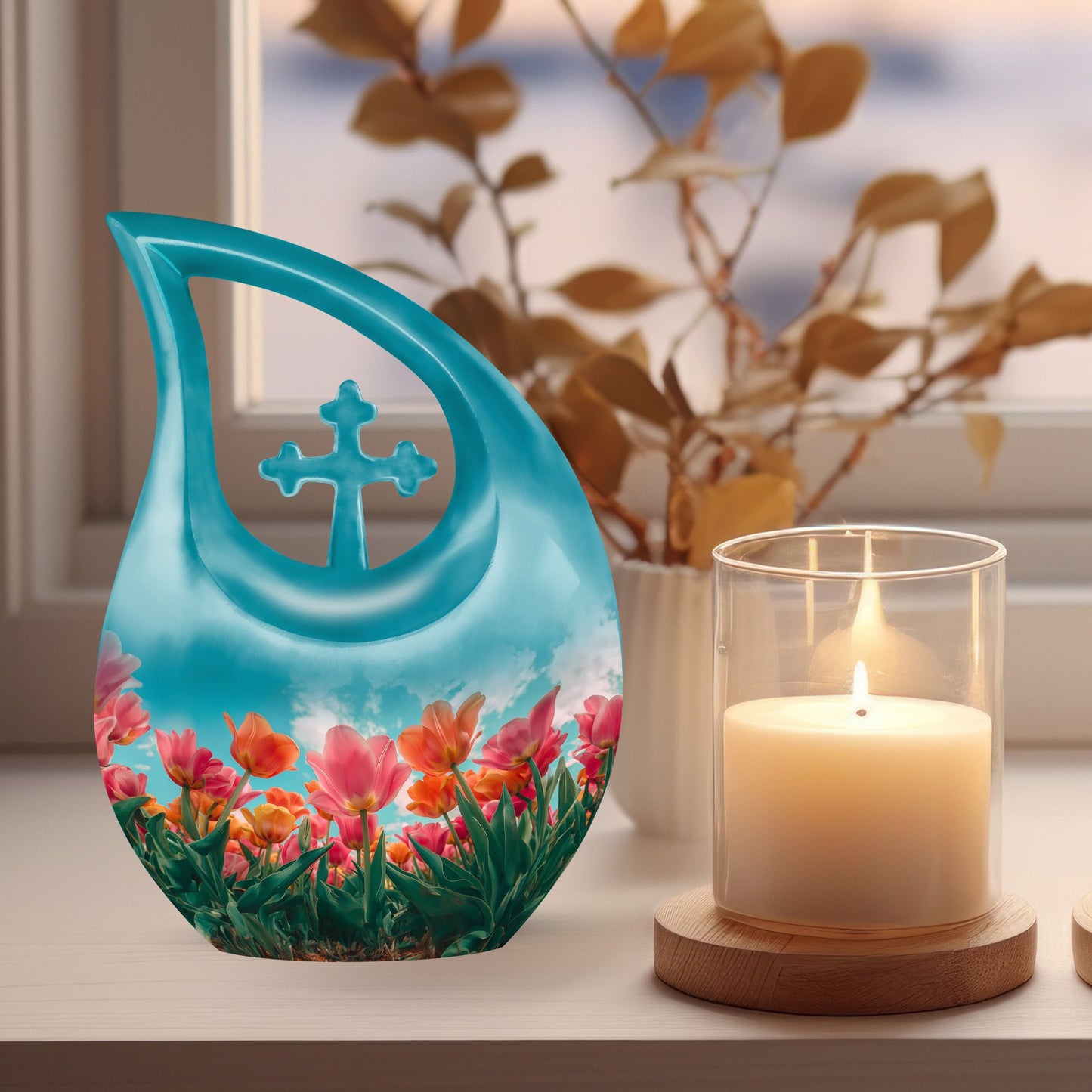 Medium-sized tulip-themed Cross Drop Urn