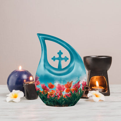 Medium-sized tulip-themed Cross Drop Urn