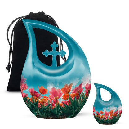 Medium-sized tulip-themed Cross Drop Urn