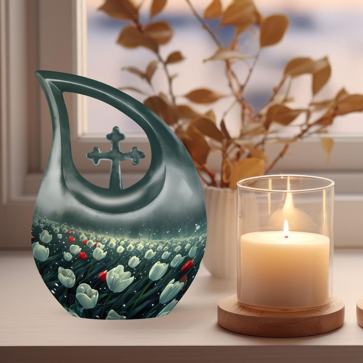 10-inch Tulip-themed Cross Drop Memorial Urn