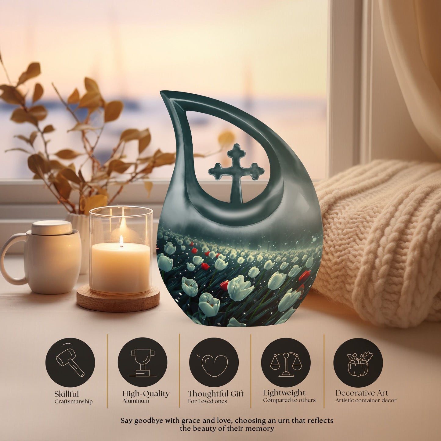 10-inch Tulip-themed Cross Drop Memorial Urn