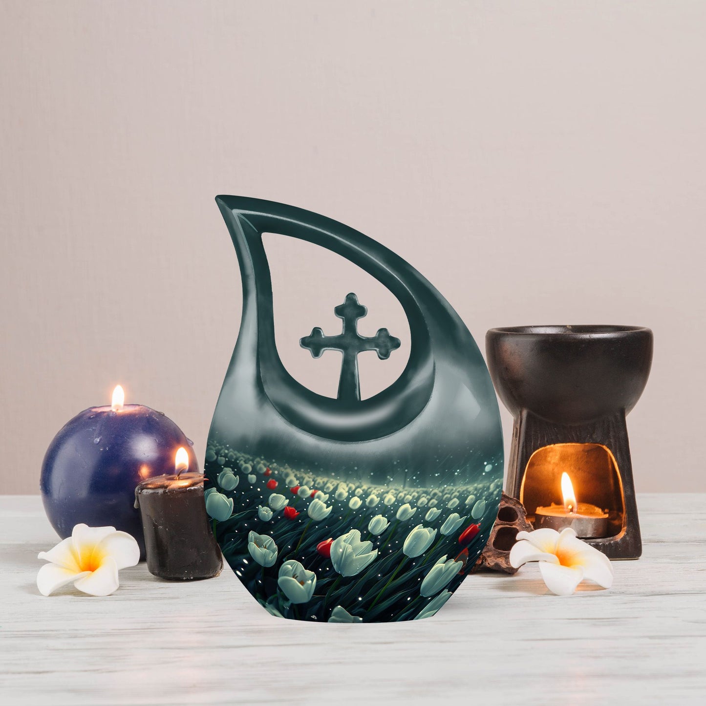 10-inch Tulip-themed Cross Drop Memorial Urn