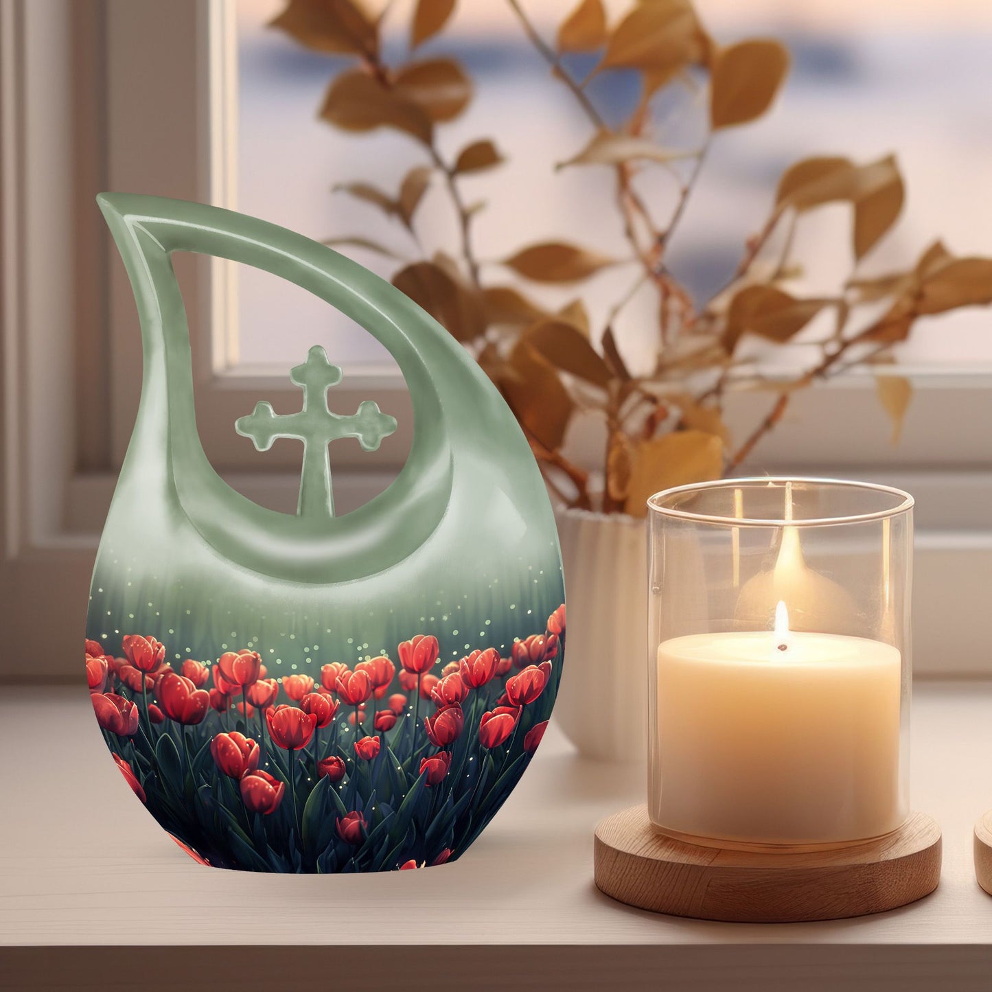 10 inch Tulip themed Cross Drop design Customized Urn.