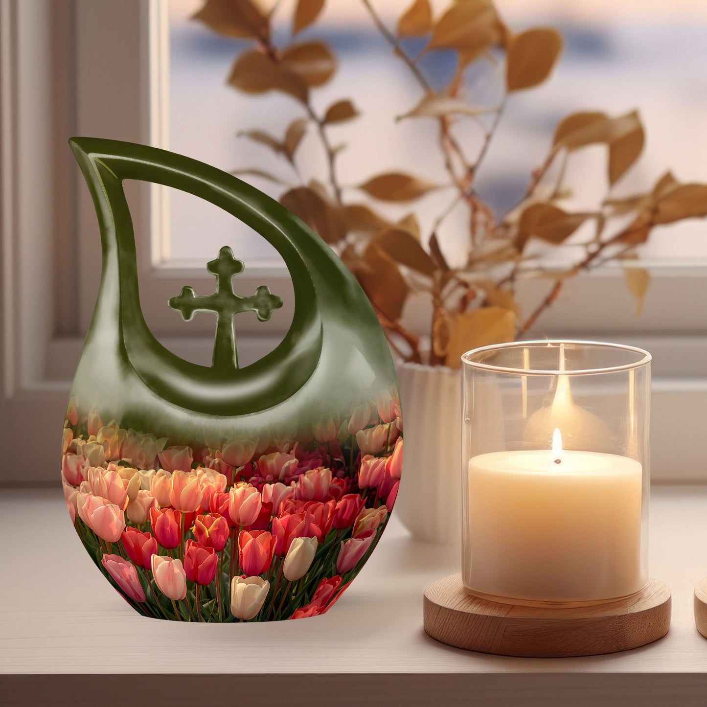 Large Tulip Urn, memorial cross drop design Urn