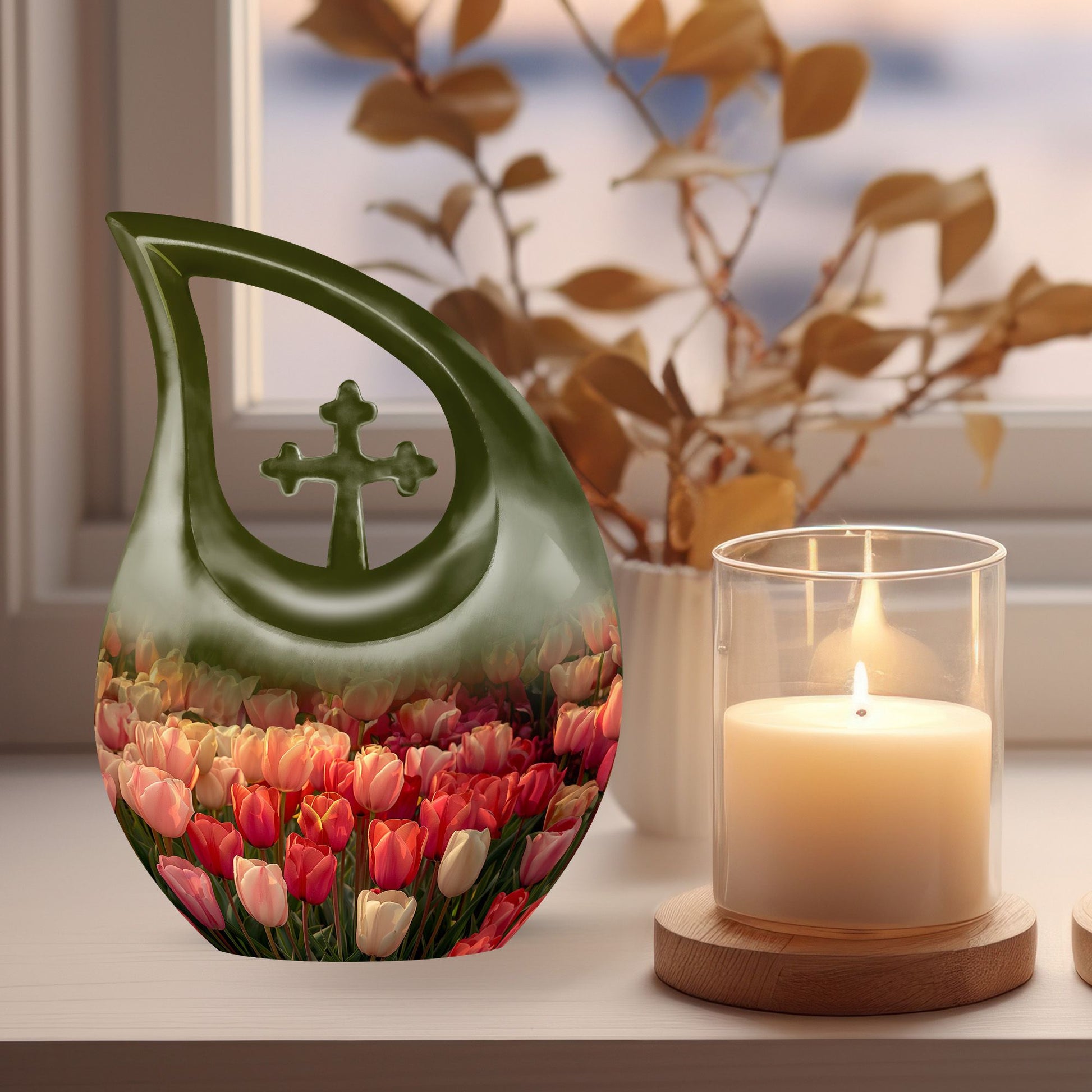 Large Tulip Urn, memorial cross drop design Urn