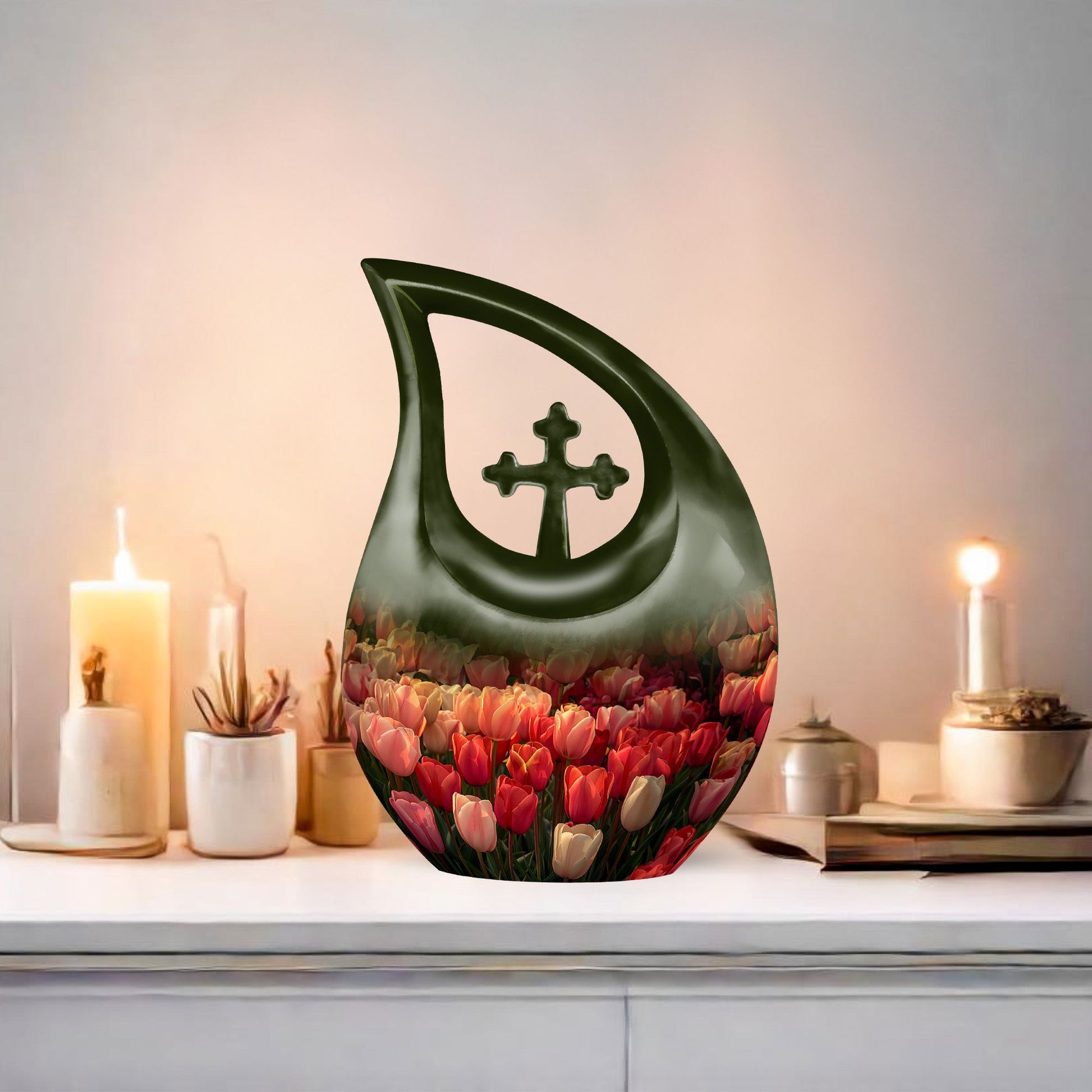 Large Tulip Urn, memorial cross drop design Urn