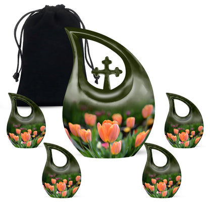 Orange Personalized Flower Cremation Urn for Human Ashes - 10-inch, 200 cu in - Yatskia