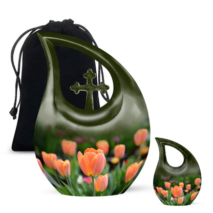 Orange Personalized Flower Cremation Urn for Human Ashes - 10-inch, 200 cu in - Yatskia