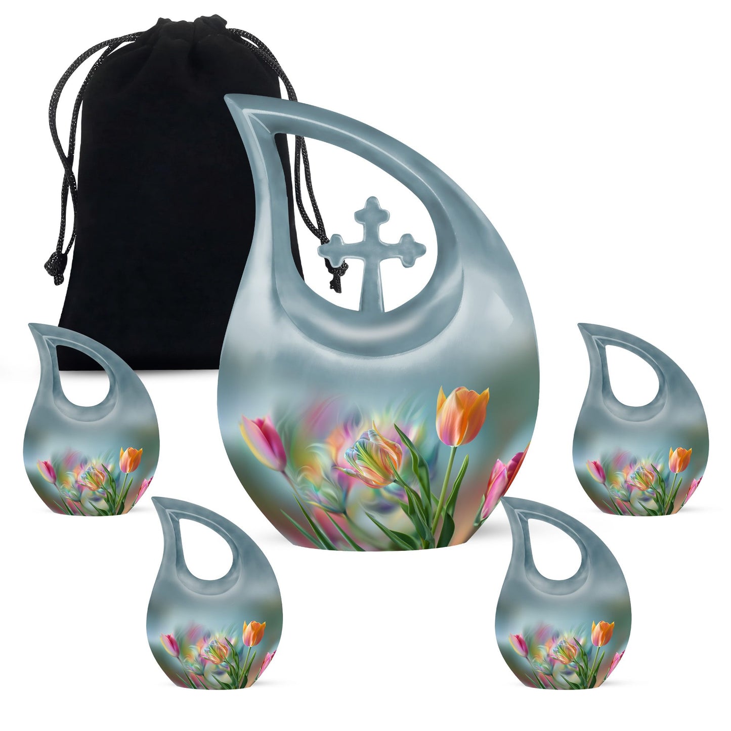 Blue Personalized Flower Cremation Urn for Human Ashes - 10-inch, 200 cu in - Yatskia