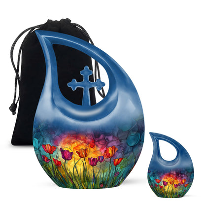 Blue Glass Flower Cremation Urn for Human Ashes - 10-inch, 200 cu in - Yatskia