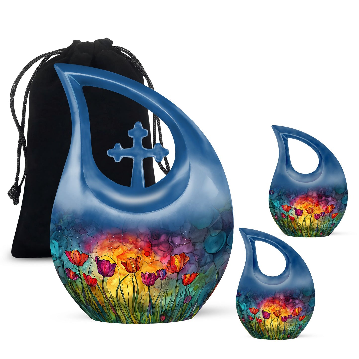 Blue Glass Flower Cremation Urn for Human Ashes - 10-inch, 200 cu in - Yatskia