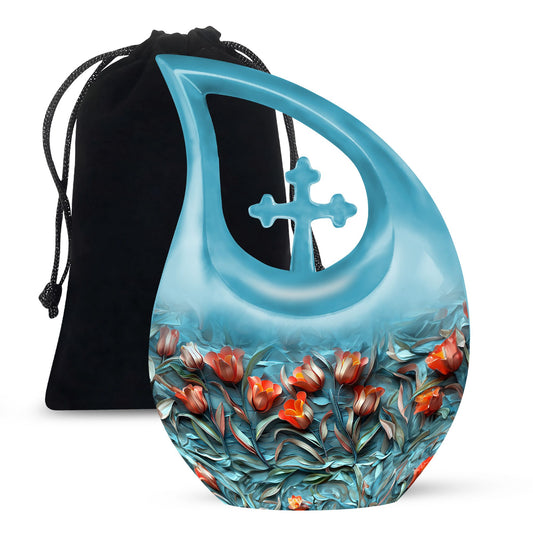 10-inch Tulip themed Cross Drop Urn for Ashes