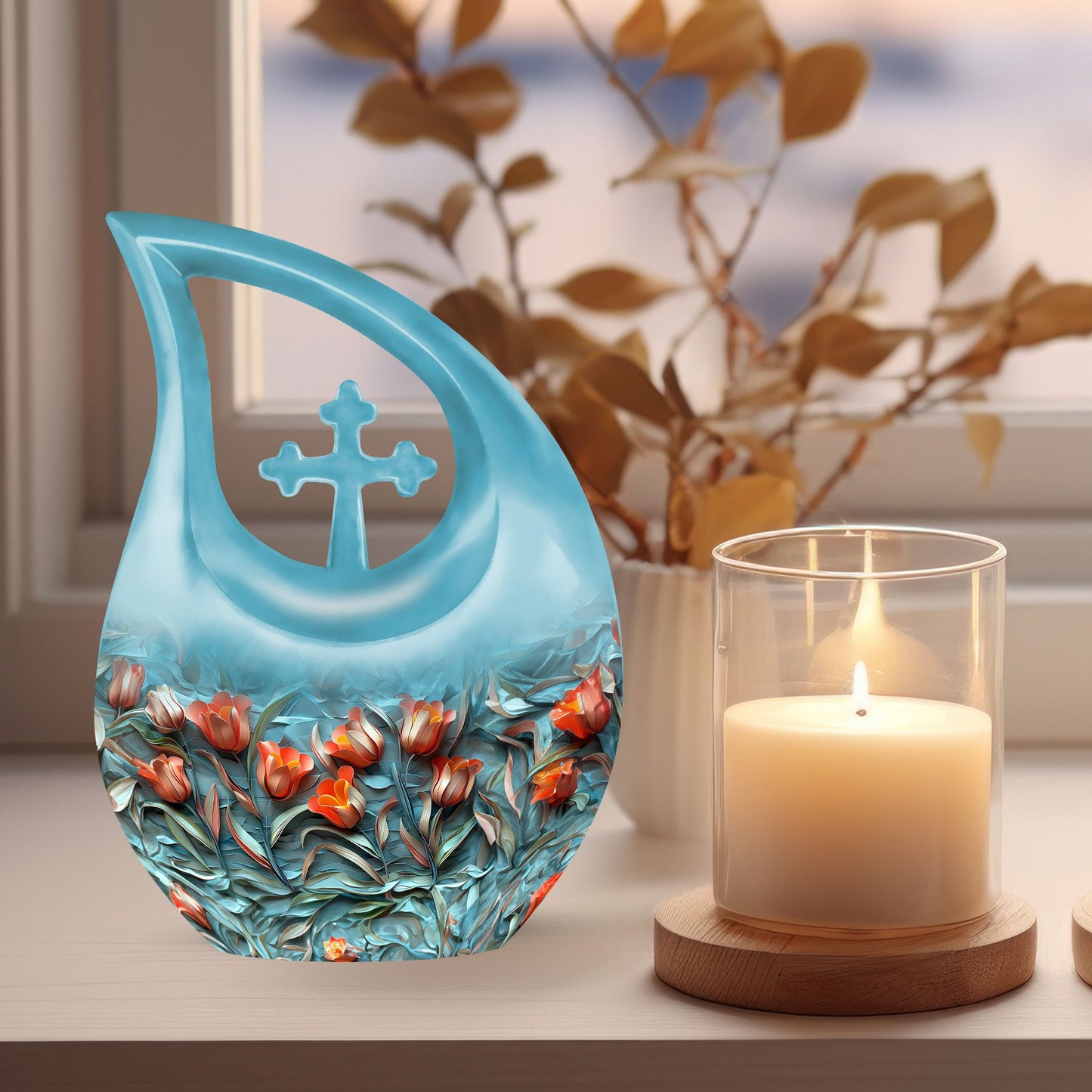 10-inch Tulip themed Cross Drop Urn for Ashes