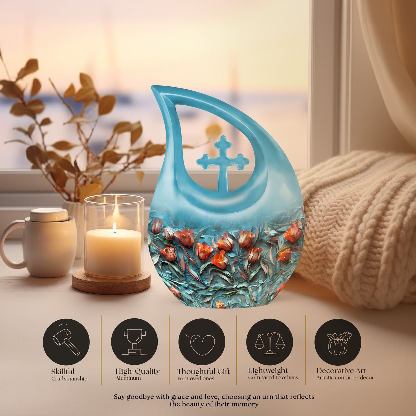 10-inch Tulip themed Cross Drop Urn for Ashes