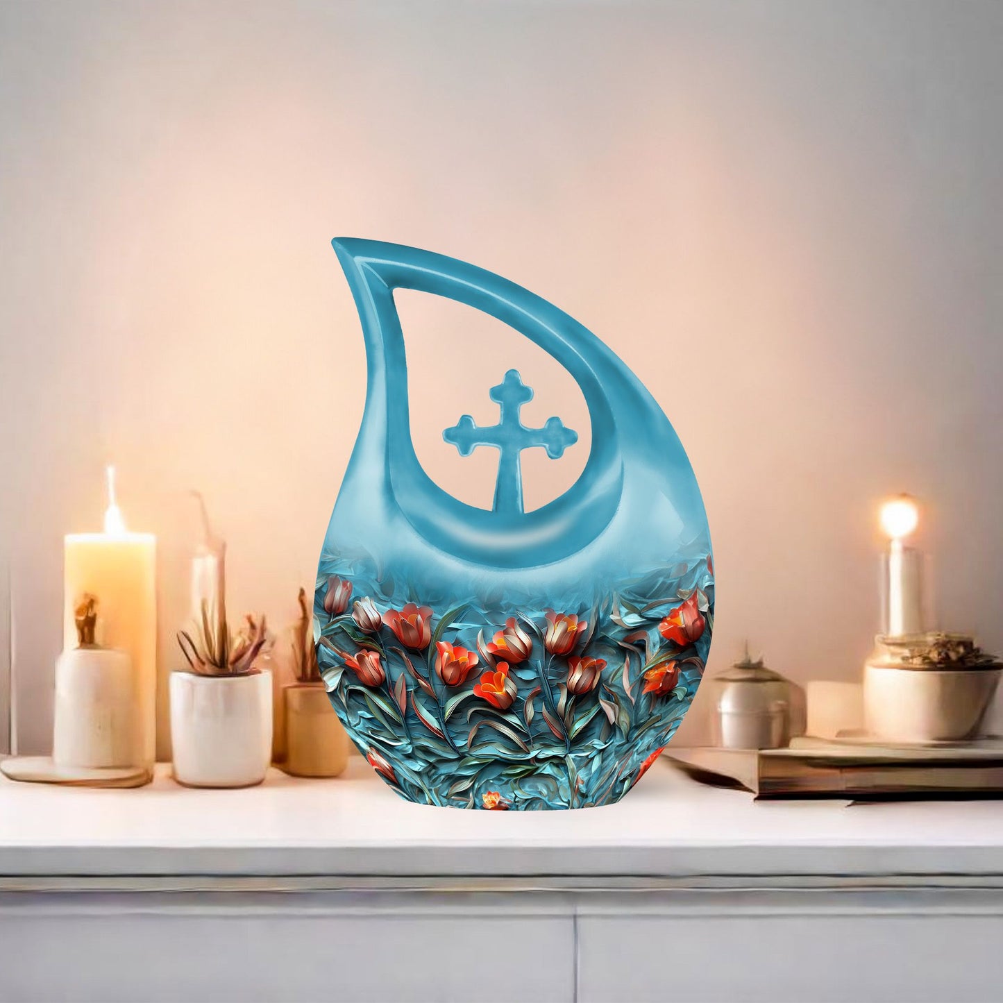10-inch Tulip themed Cross Drop Urn for Ashes