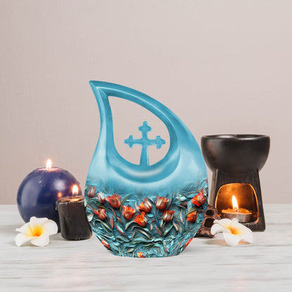 10-inch Tulip themed Cross Drop Urn for Ashes