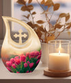 10-inch Tulip themed Cross Drop Urn.