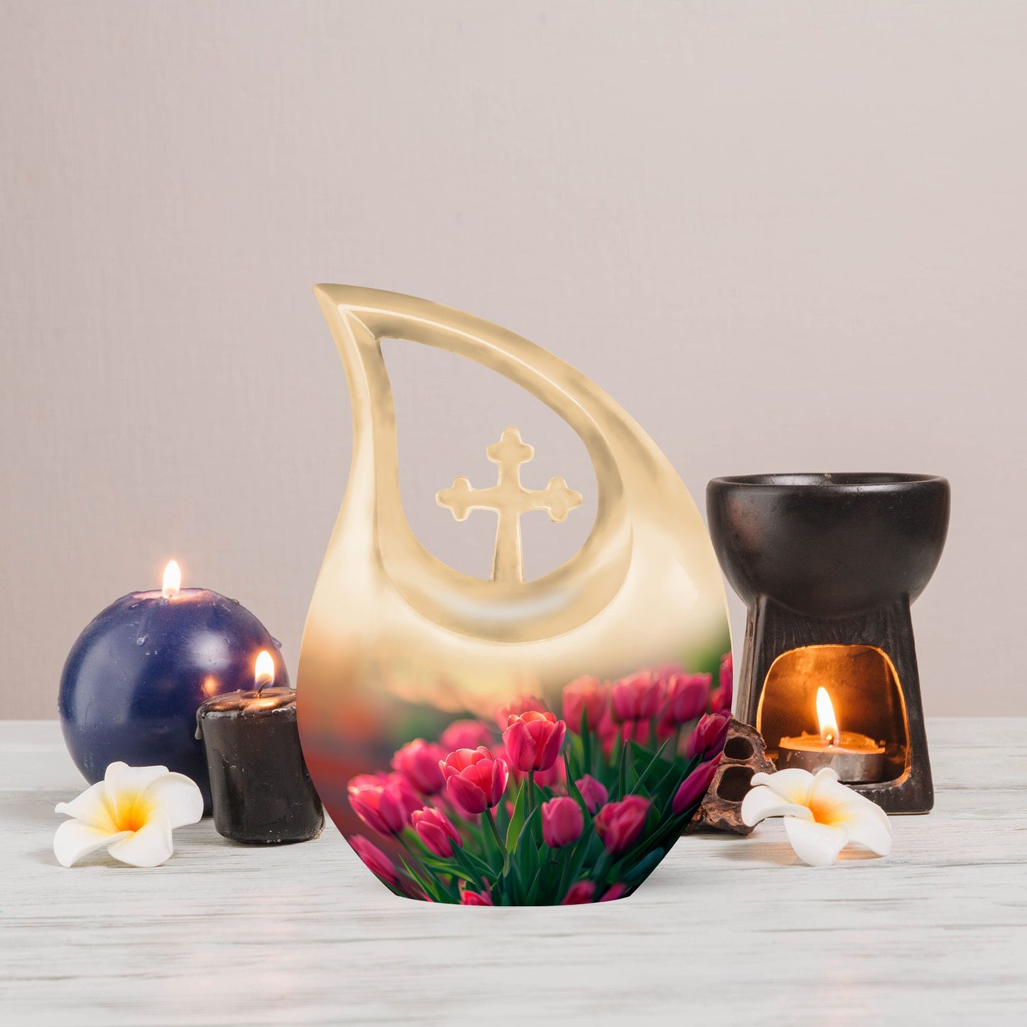10-inch Tulip themed Cross Drop Urn.