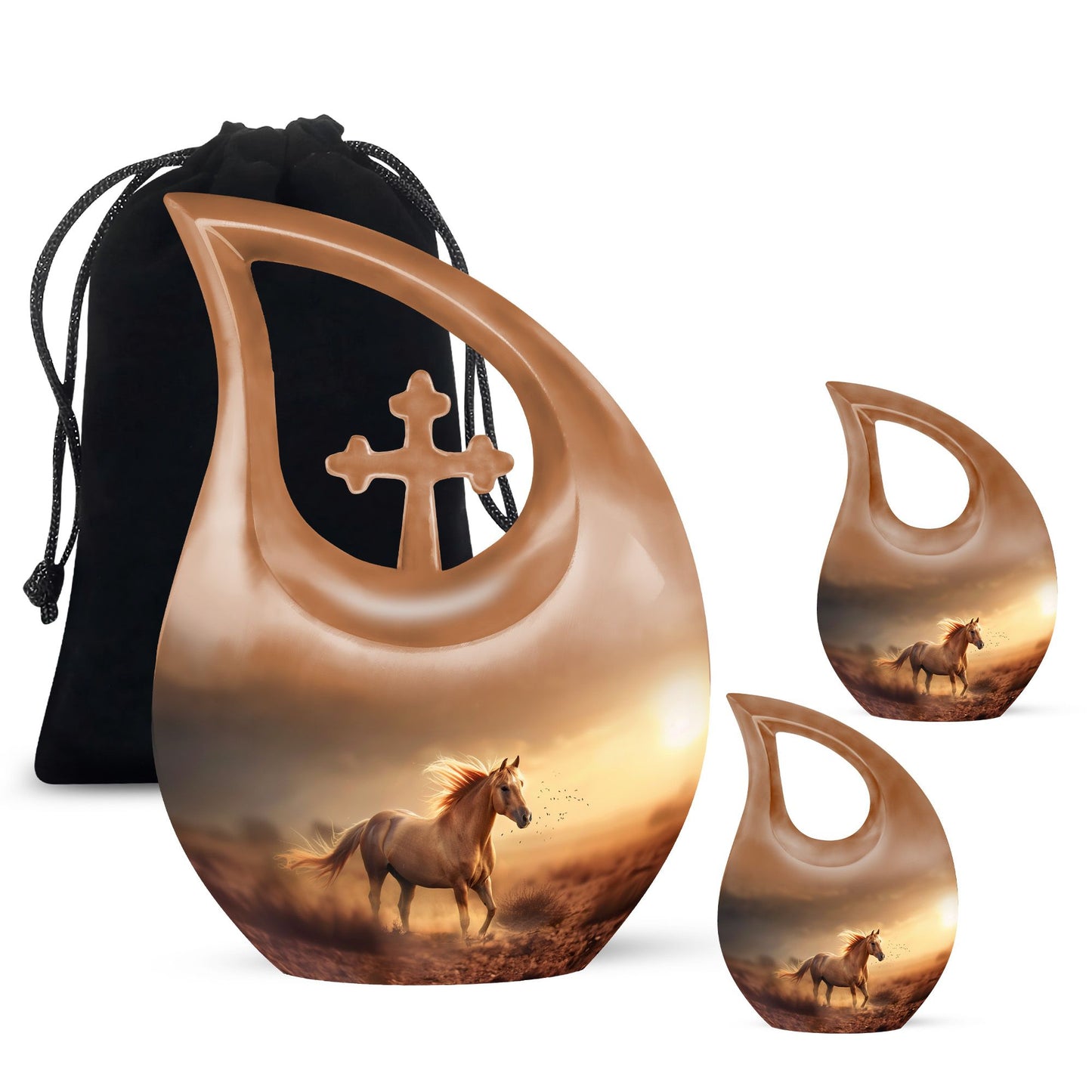 Horse Theme Large Urn With 2 Keepsake Urn