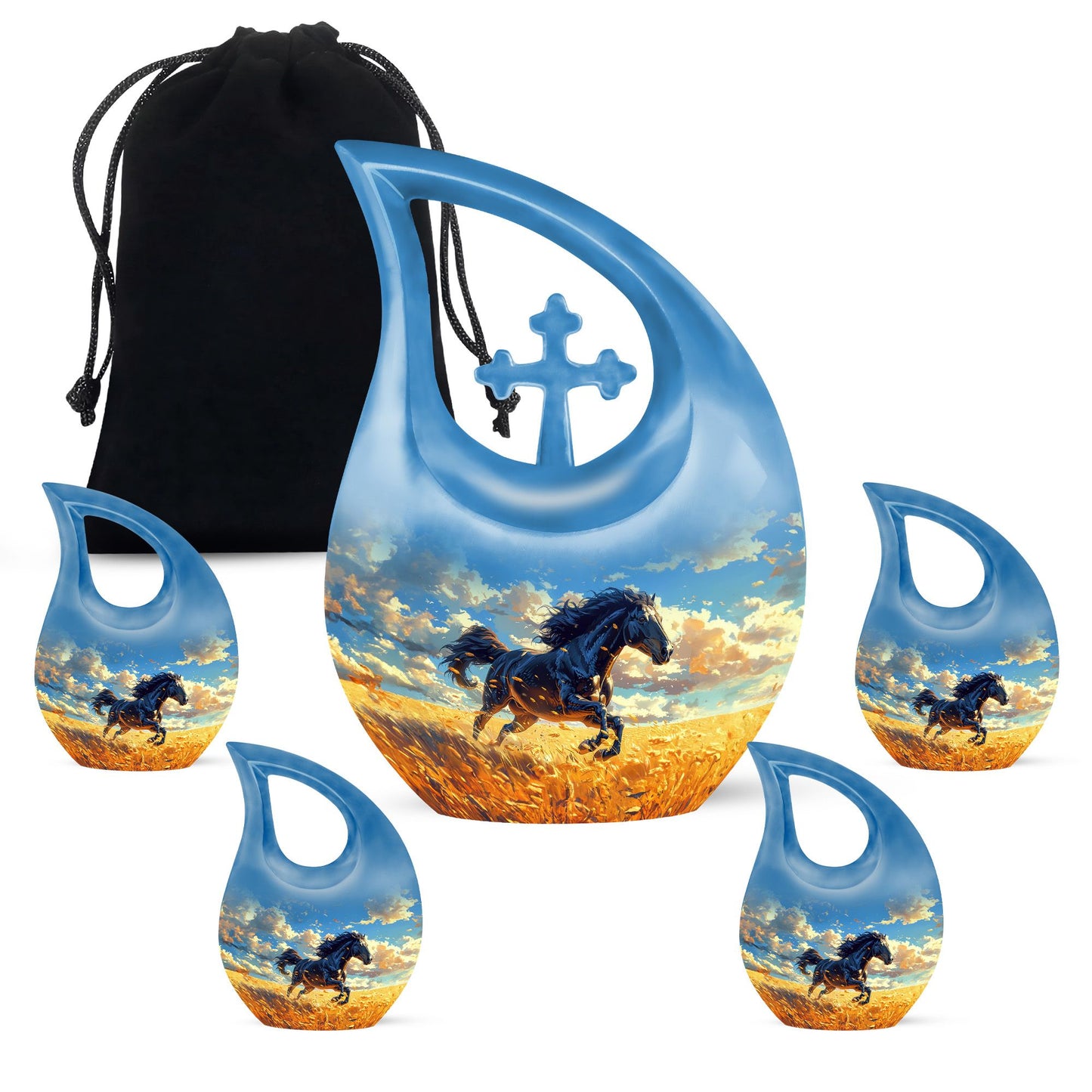 Horse Theme Large Urn With 4 Keepsake Urn