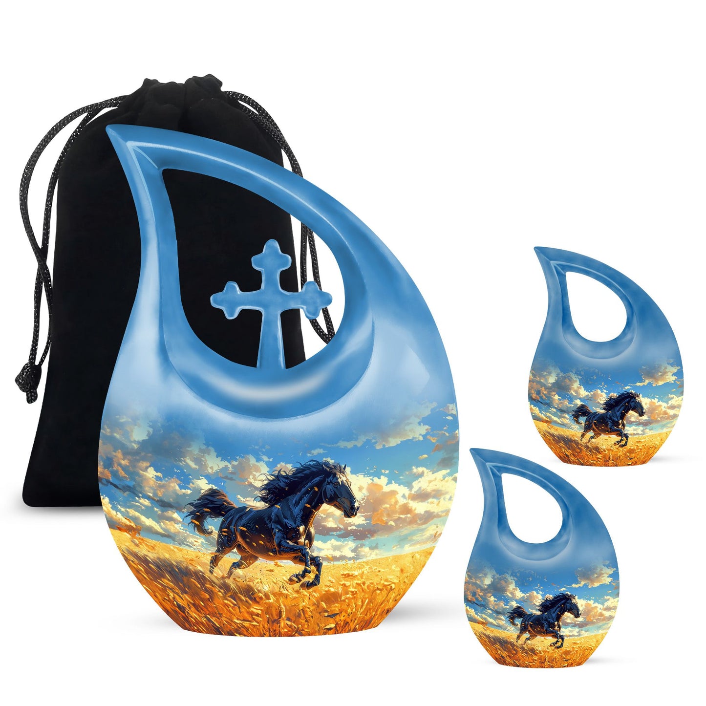 Horse Theme Large Urn With 2 Keepsake Urn