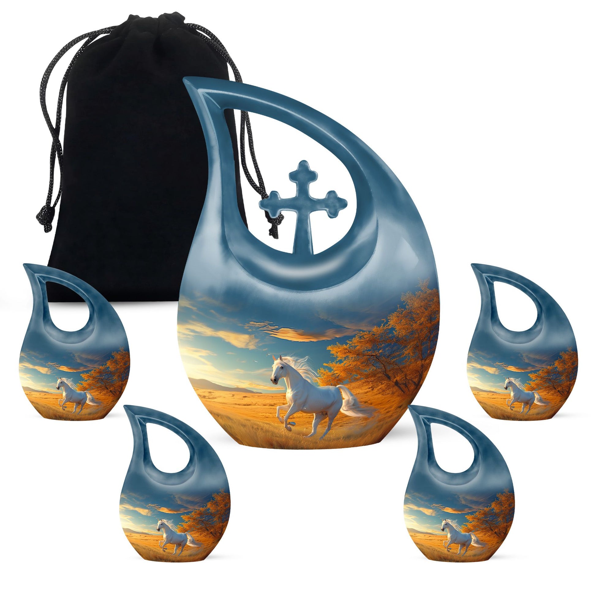 Horse Theme Large Urn With 4 Keepsake Urn