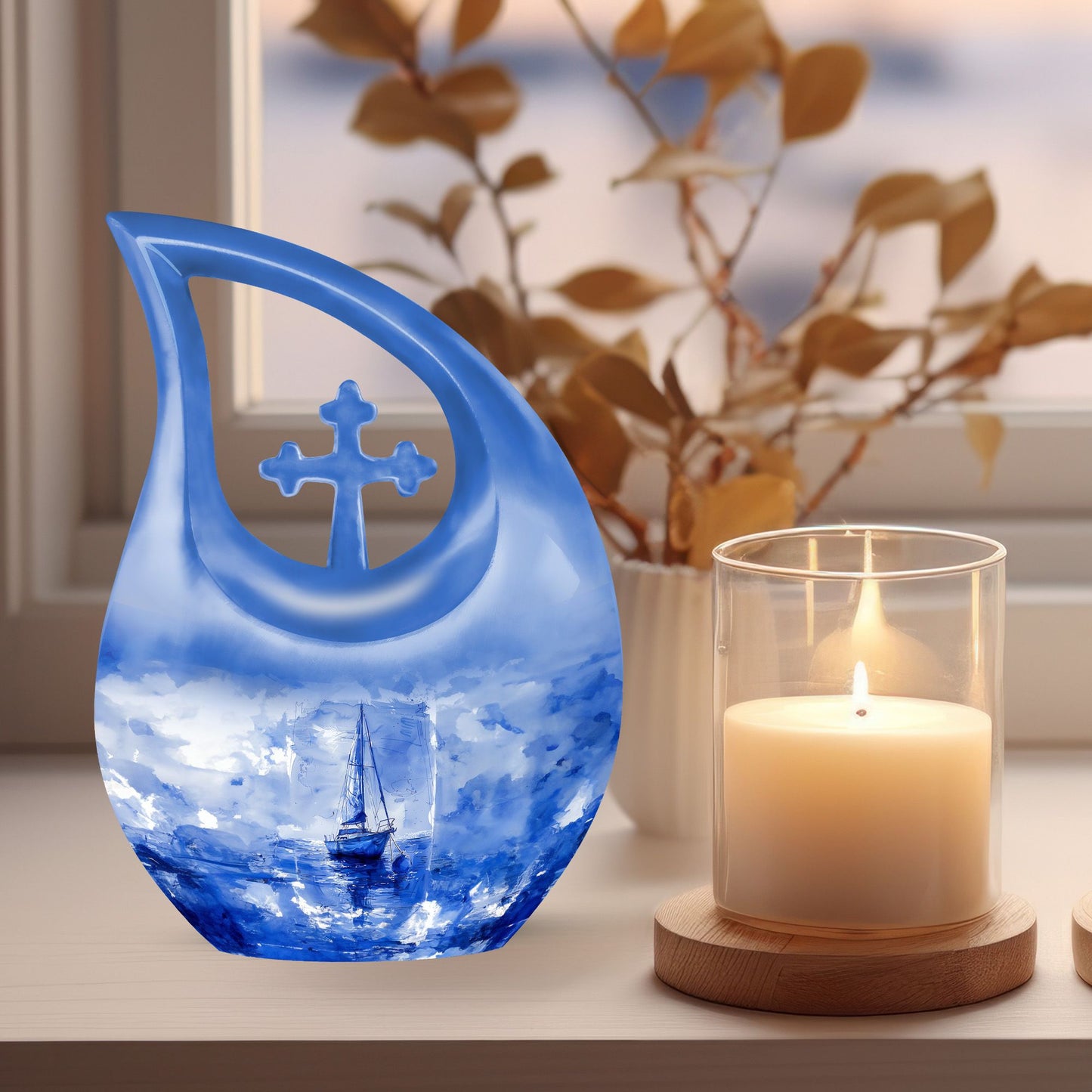 10-inch Fishing theme Cross Drop Funeral Urn.