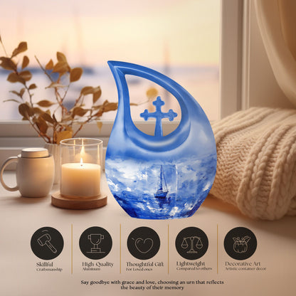 10-inch Fishing theme Cross Drop Funeral Urn.