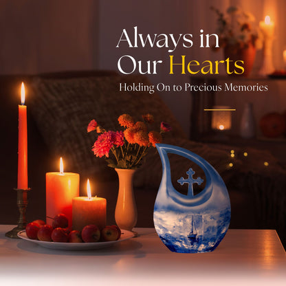 10-inch Fishing theme Cross Drop Funeral Urn.