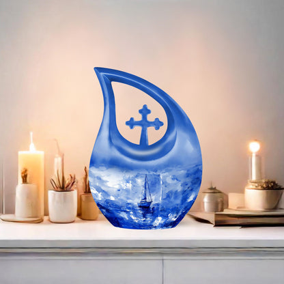 10-inch Fishing theme Cross Drop Funeral Urn.