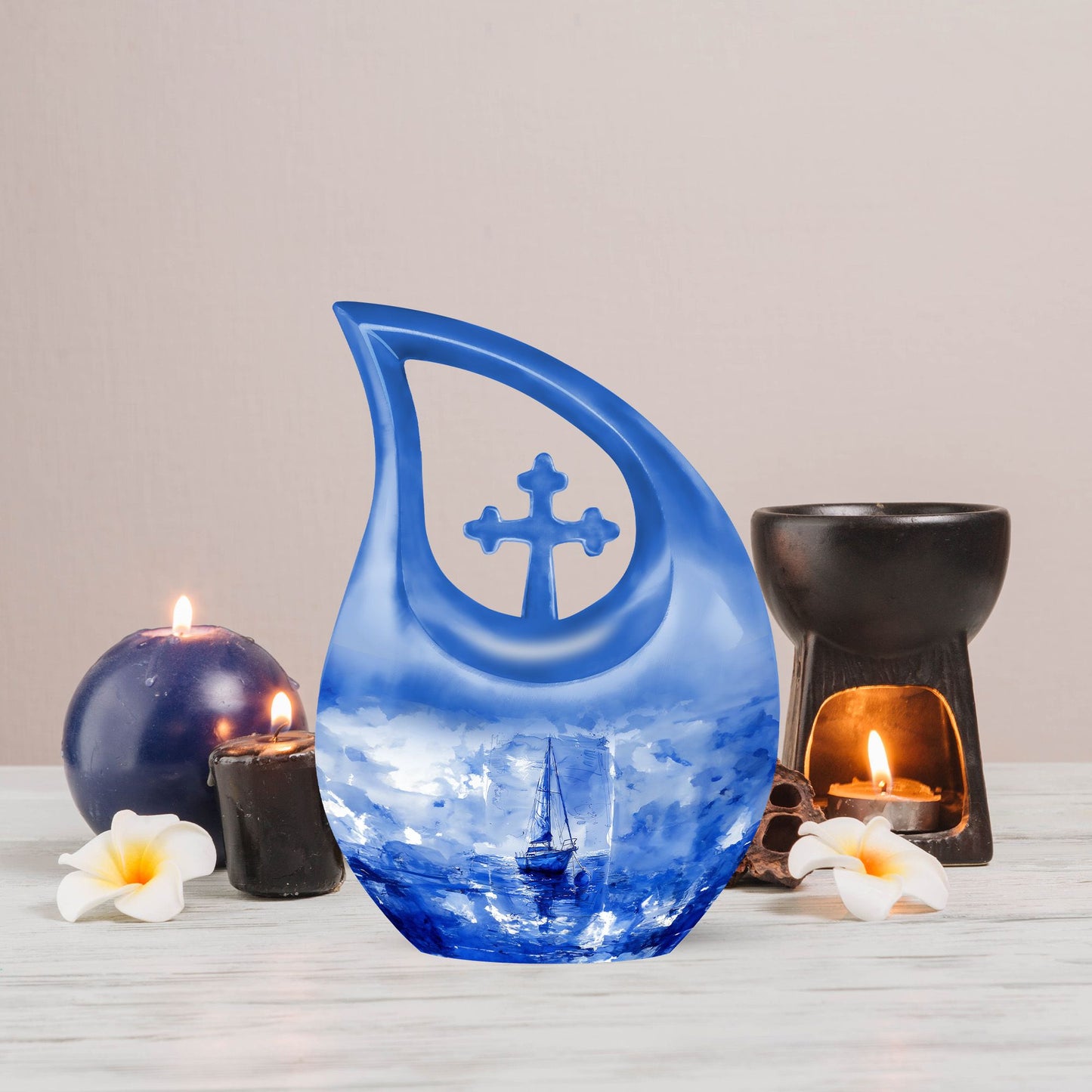 10-inch Fishing theme Cross Drop Funeral Urn.