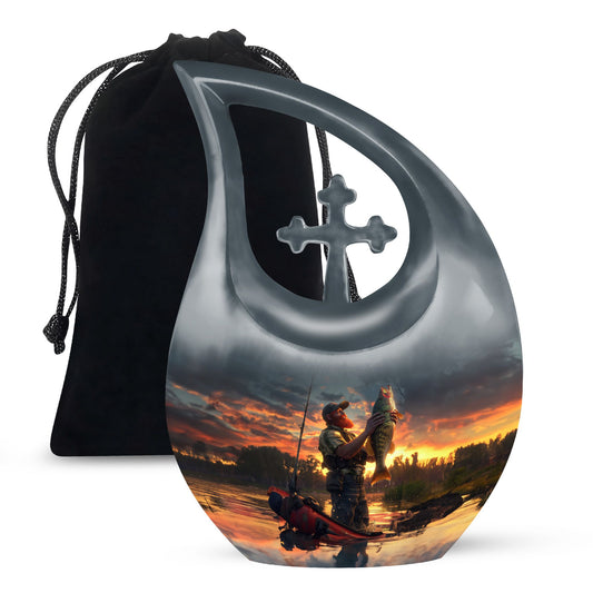 10 inch fishing themed Cross Drop memorial urn