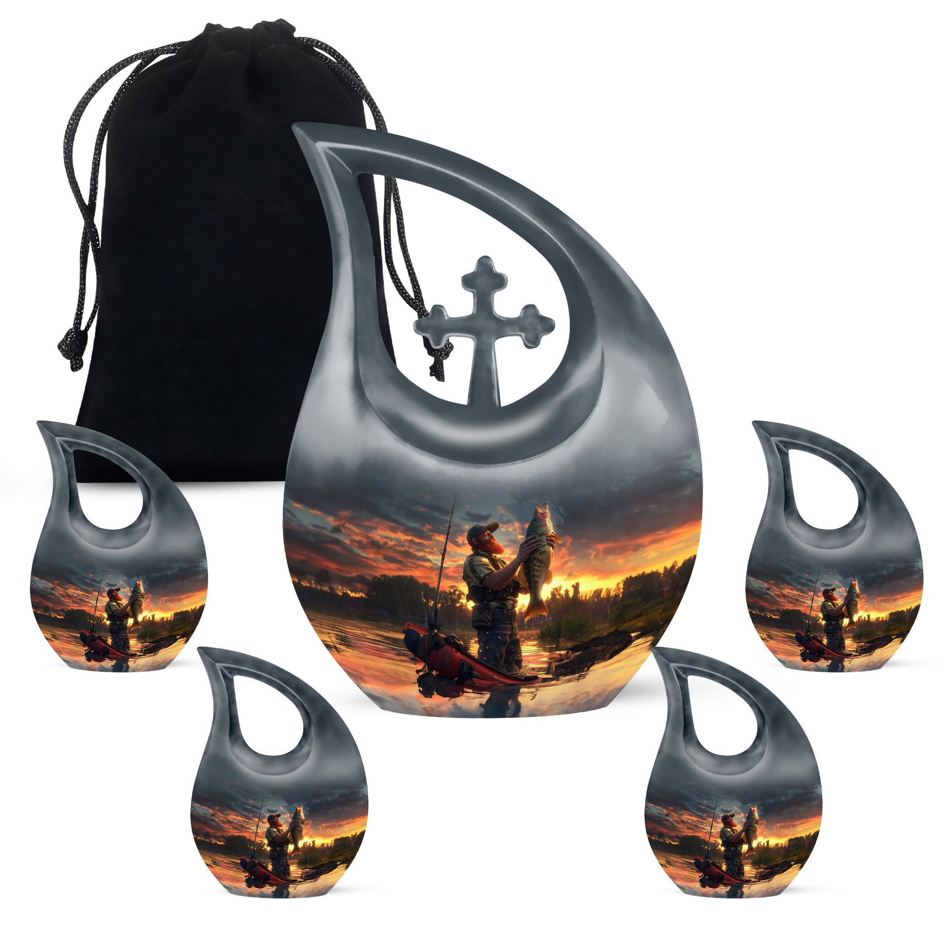 Fishing Theme Large Urn With 4 Keepsake Urn