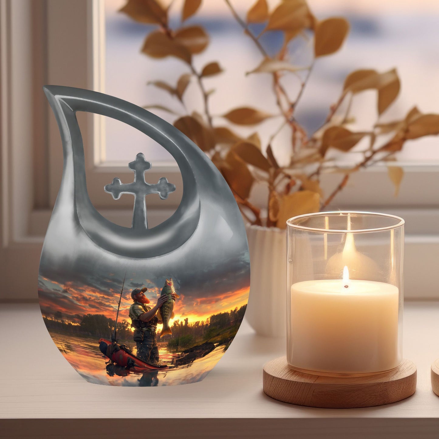 10 inch fishing themed Cross Drop memorial urn