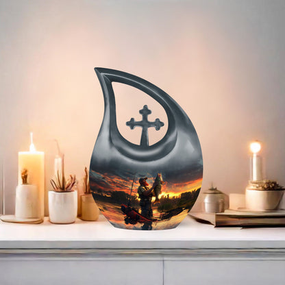 10 inch fishing themed Cross Drop memorial urn