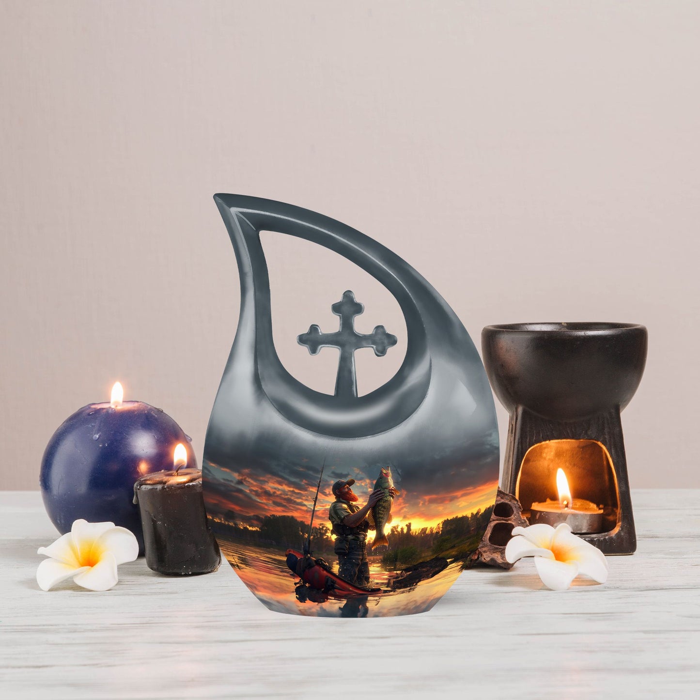 10 inch fishing themed Cross Drop memorial urn