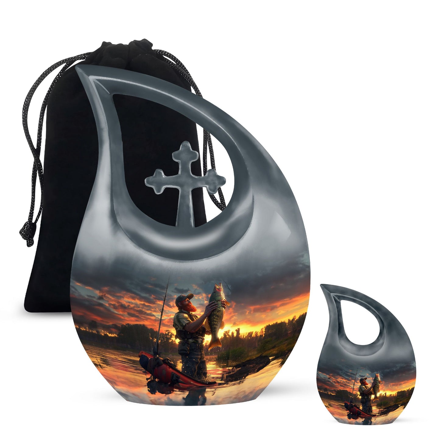 10 inch fishing themed Cross Drop memorial urn