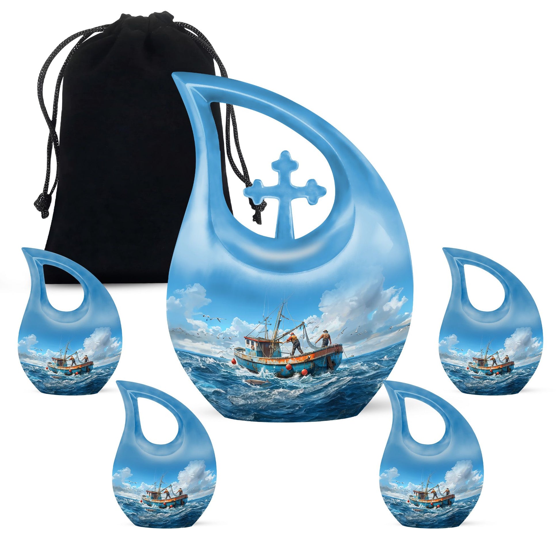 Fishing Theme Large Urn With 4 Keepsake Urn