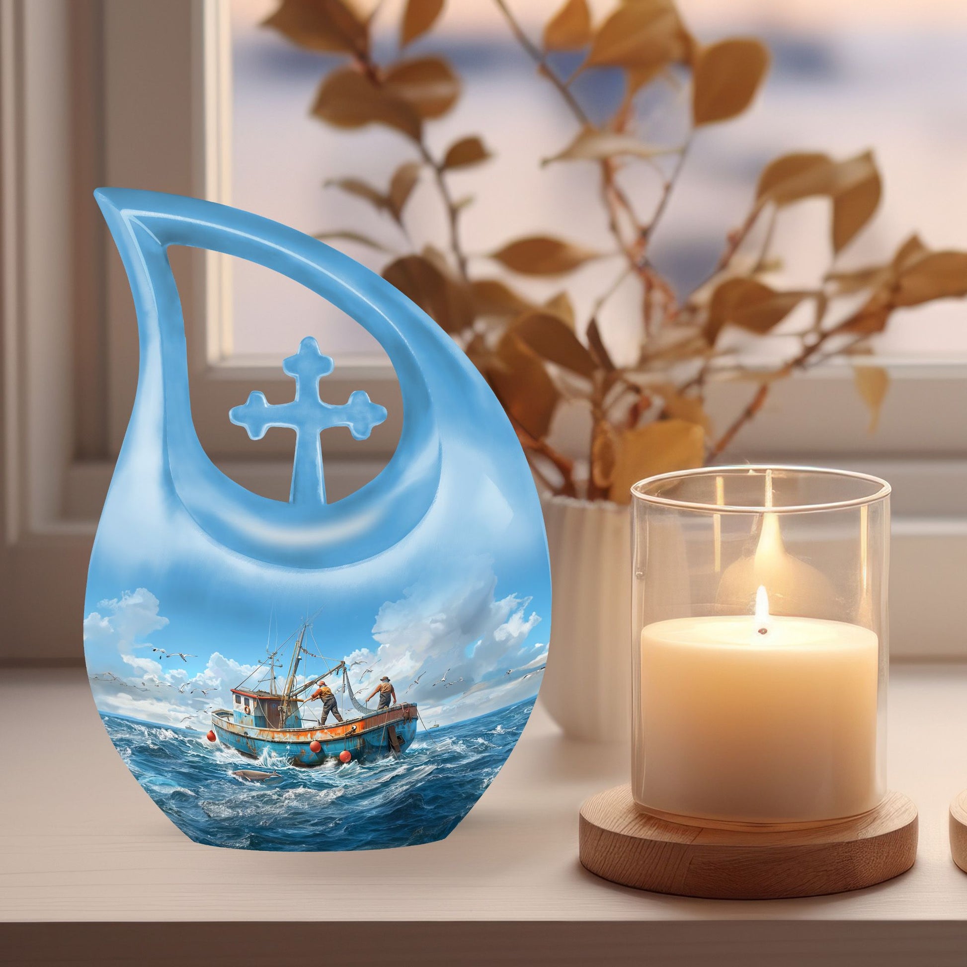10-inch Fishing themed Cross Drop design Affordable Cremation Urn.