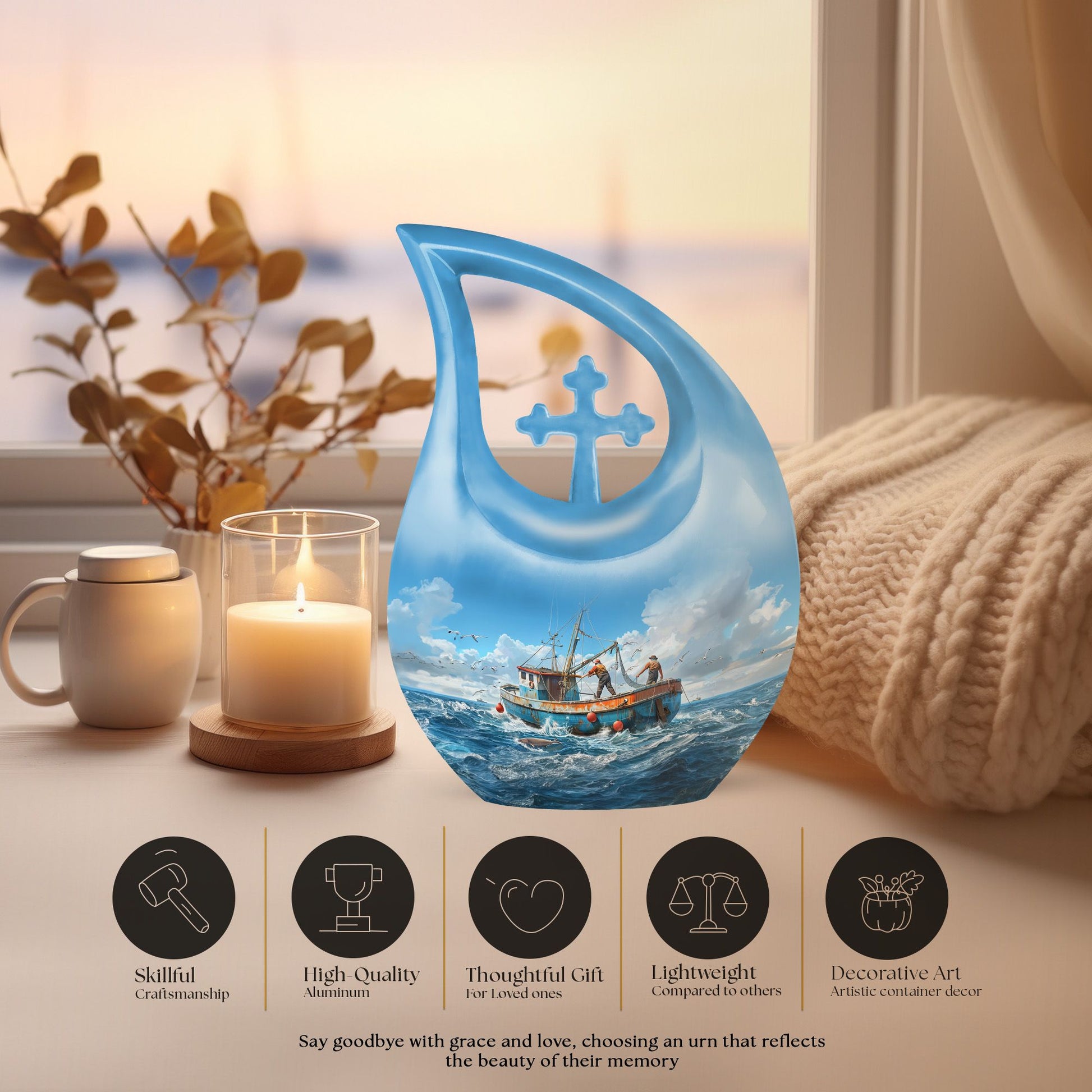 10-inch Fishing themed Cross Drop design Affordable Cremation Urn.