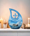 10-inch Fishing themed Cross Drop design Affordable Cremation Urn.