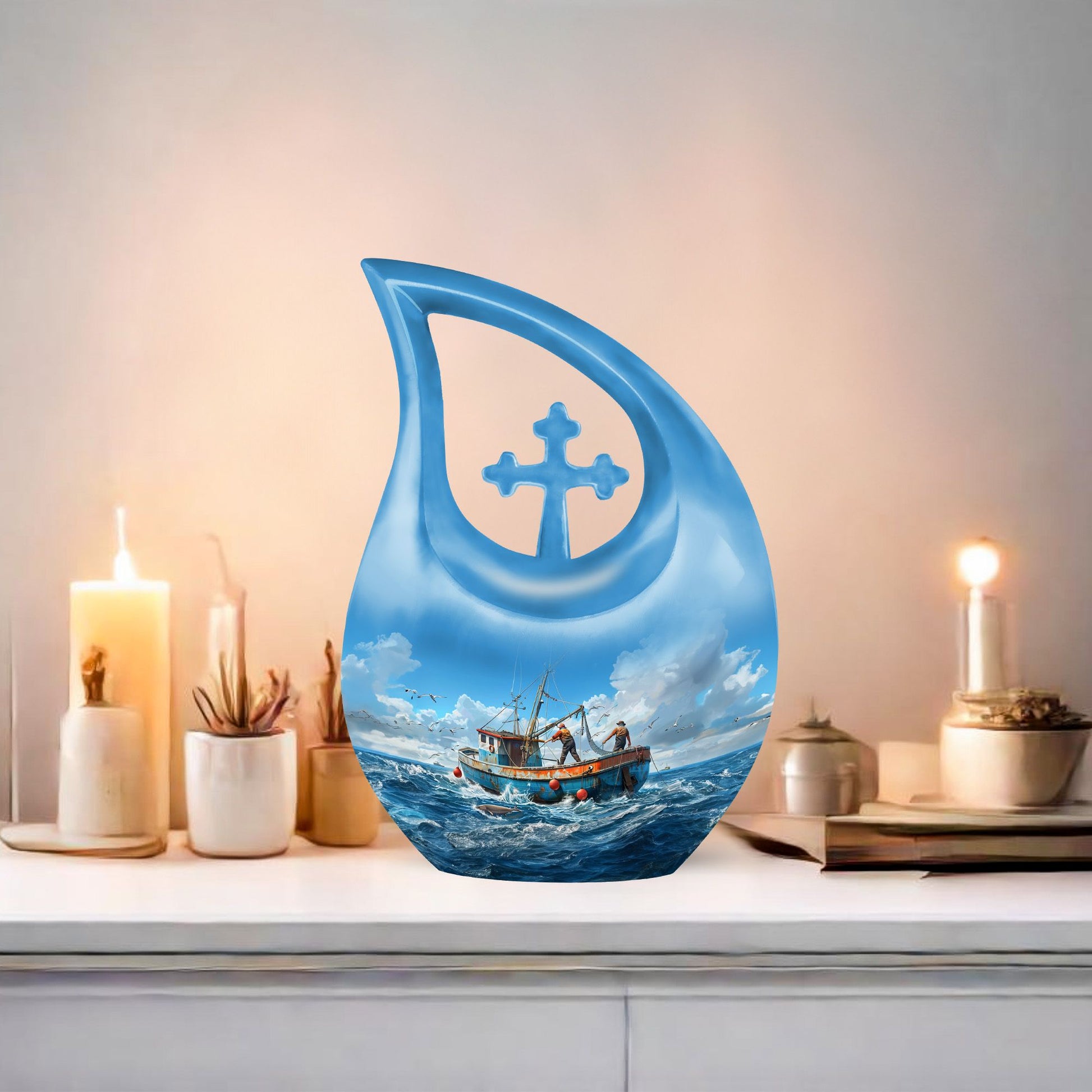 10-inch Fishing themed Cross Drop design Affordable Cremation Urn.
