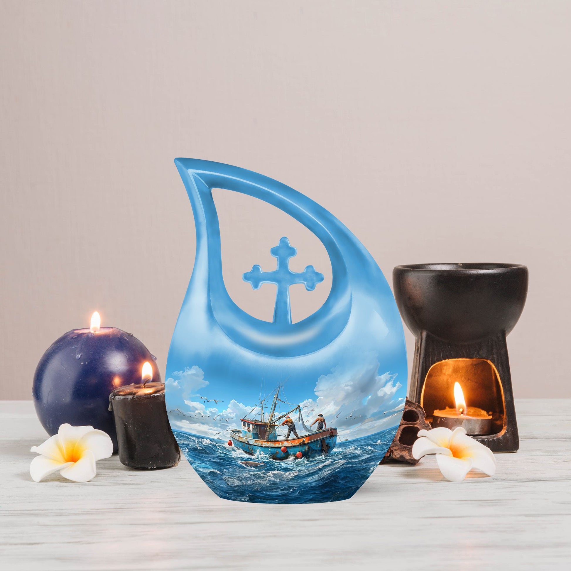 10-inch Fishing themed Cross Drop design Affordable Cremation Urn.