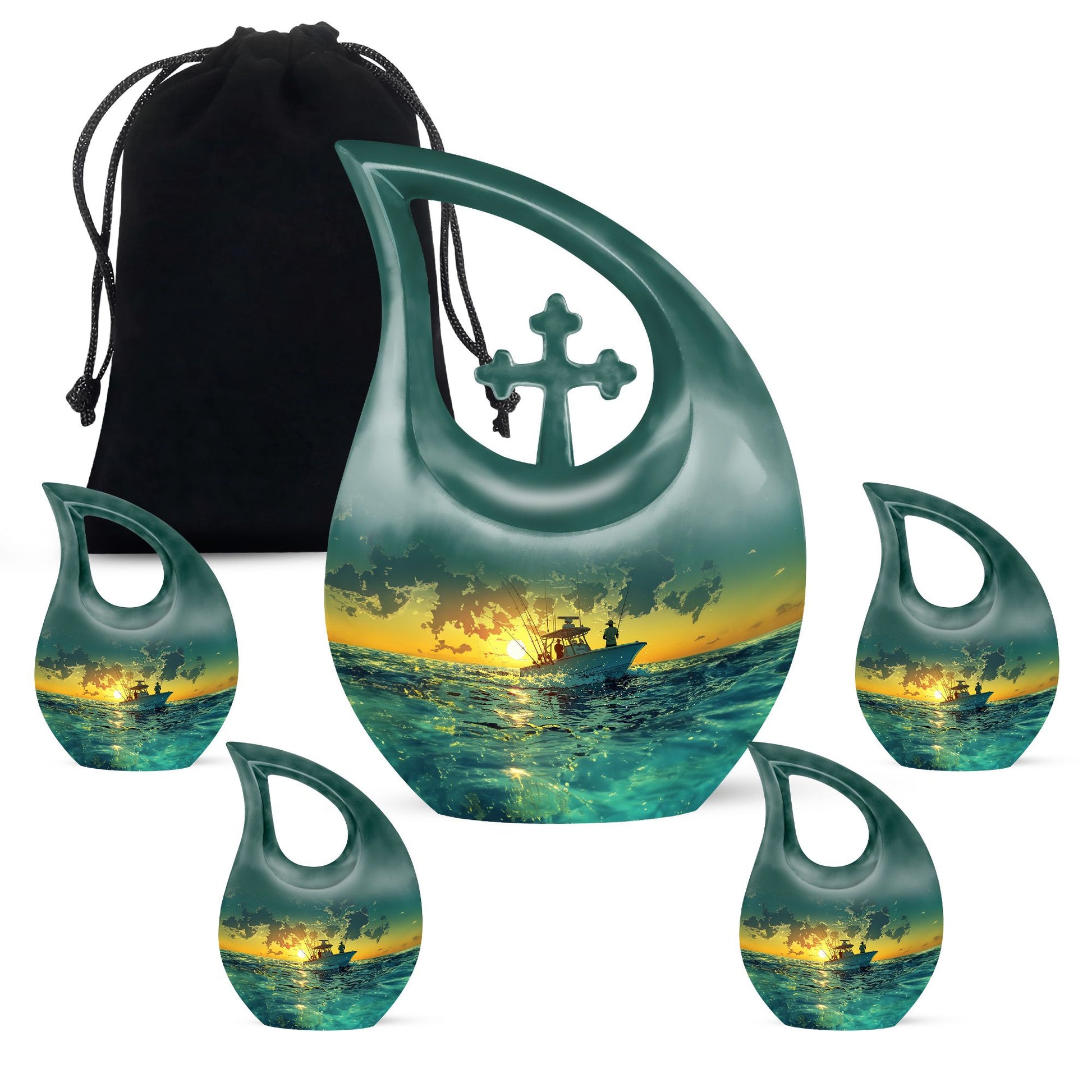 Fishing Theme Large Urn With 4 Keepsake Urn