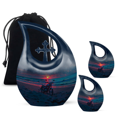 Motorcycle Beach Sunset Cremation Urn - Navy Blue Biker Memorial Urn