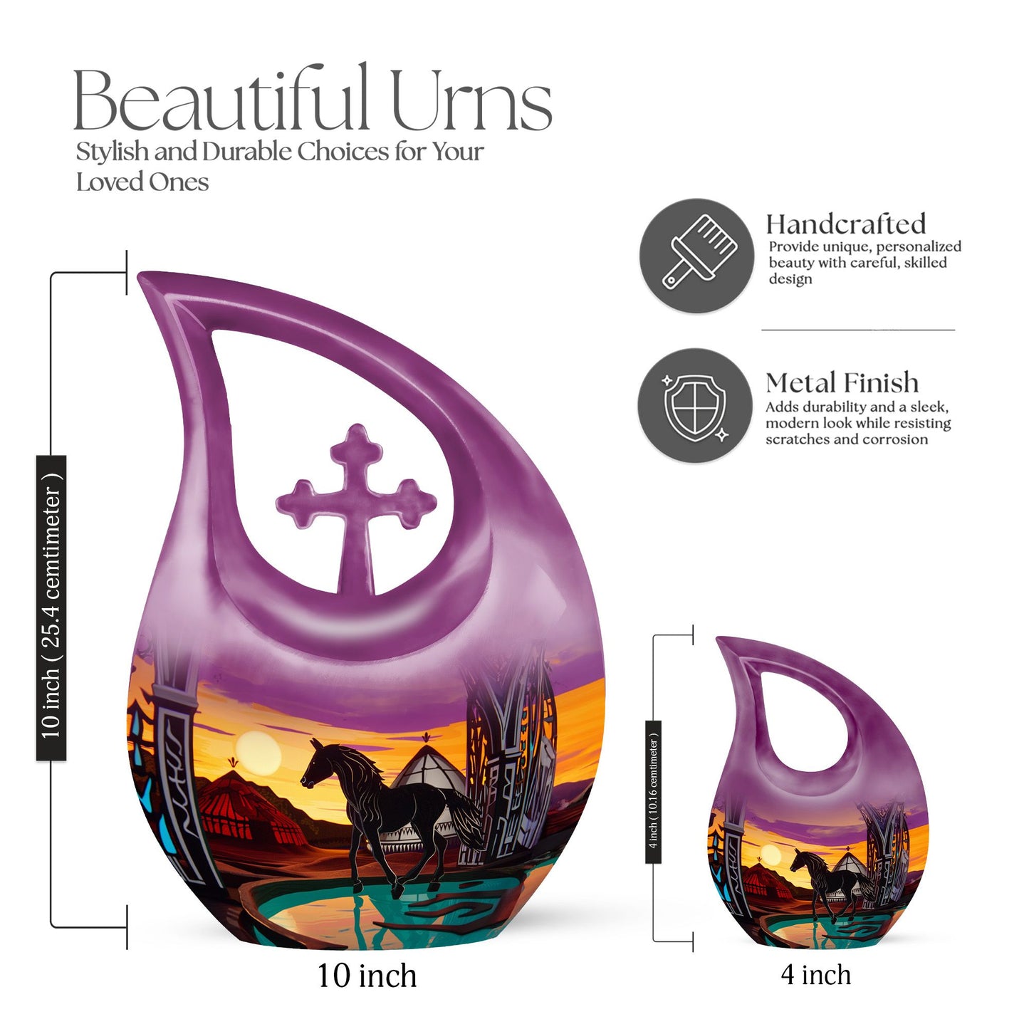 10-Inch Horse-themed Cross Drop Memorial Urn for ashes