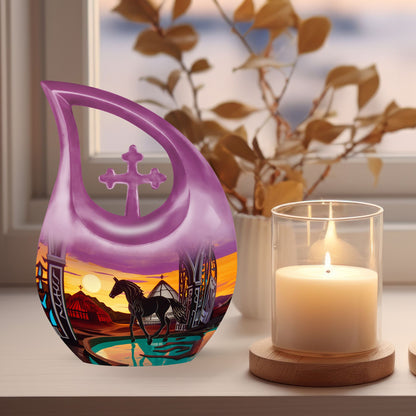 10-Inch Horse-themed Cross Drop Memorial Urn for ashes