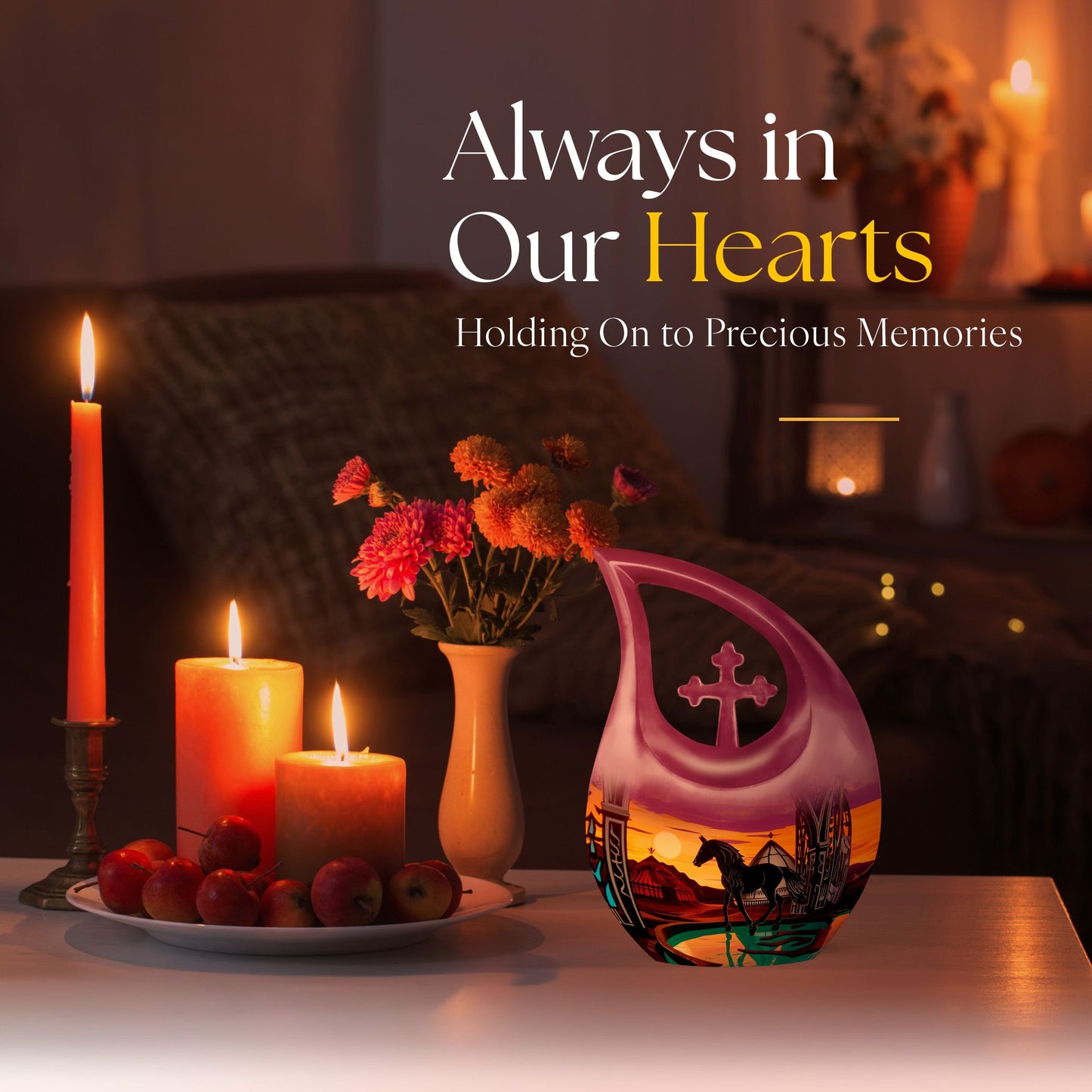 10-Inch Horse-themed Cross Drop Memorial Urn for ashes