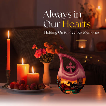 10-Inch Horse-themed Cross Drop Memorial Urn for ashes